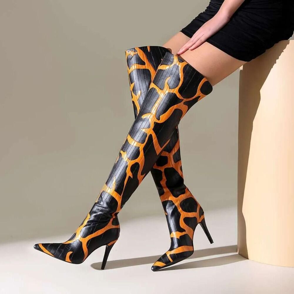 giraffe-print thigh-high Faux Leather Over The Knee Stiletto High Heel Boots